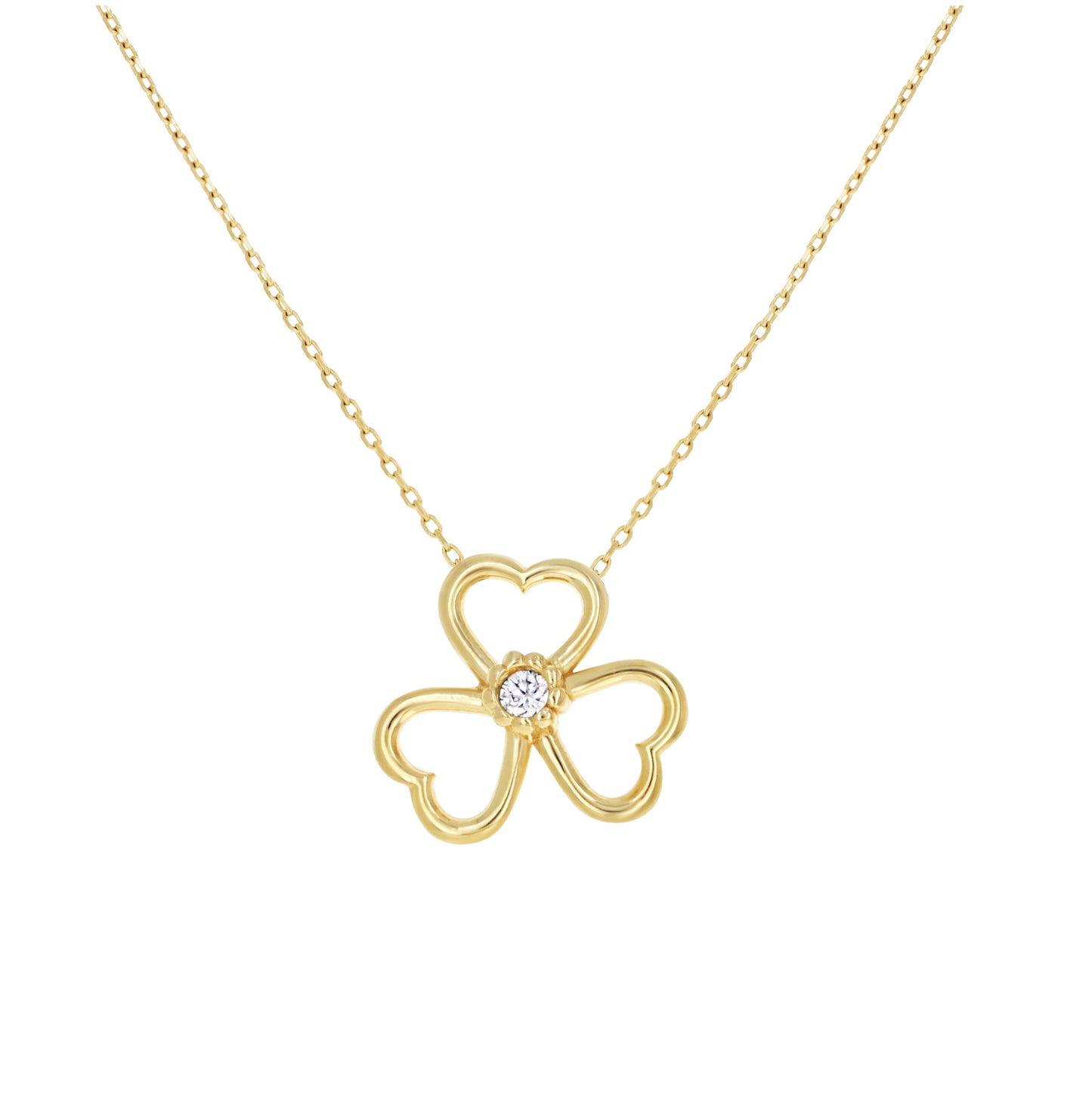 14K Yellow Gold Womens Cubic-Zirconia Three Leaf Clover Good Luck Necklace 18 Inches