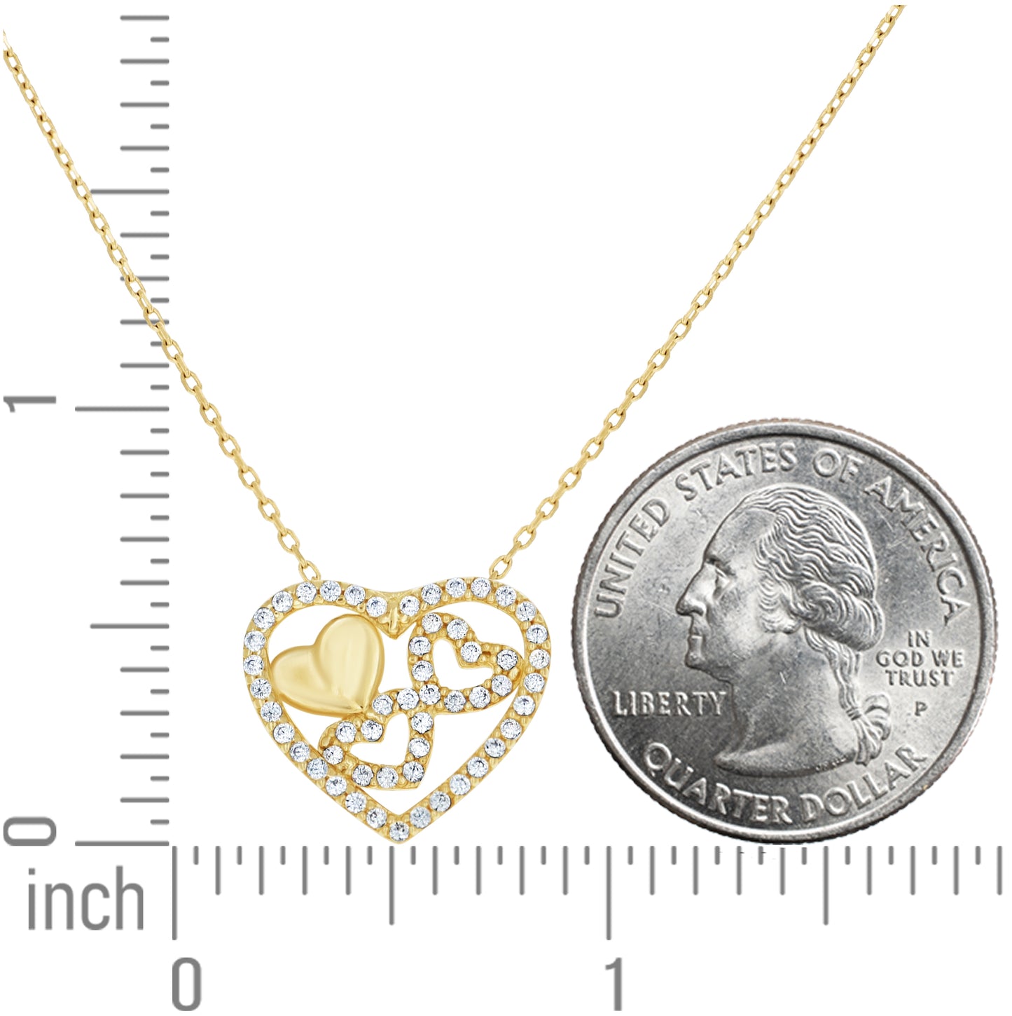 14K Yellow Gold Womens Cubic-Zirconia Hearts in Heart Necklace 18 Inches