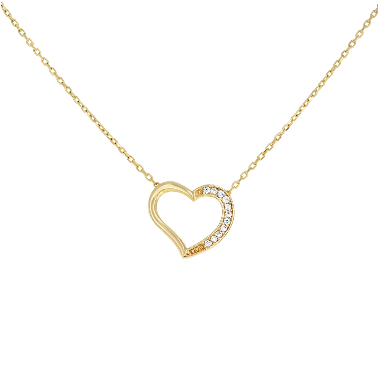 14K Yellow Gold Womens Cubic-Zirconia Heart Love Necklace 18 Inches