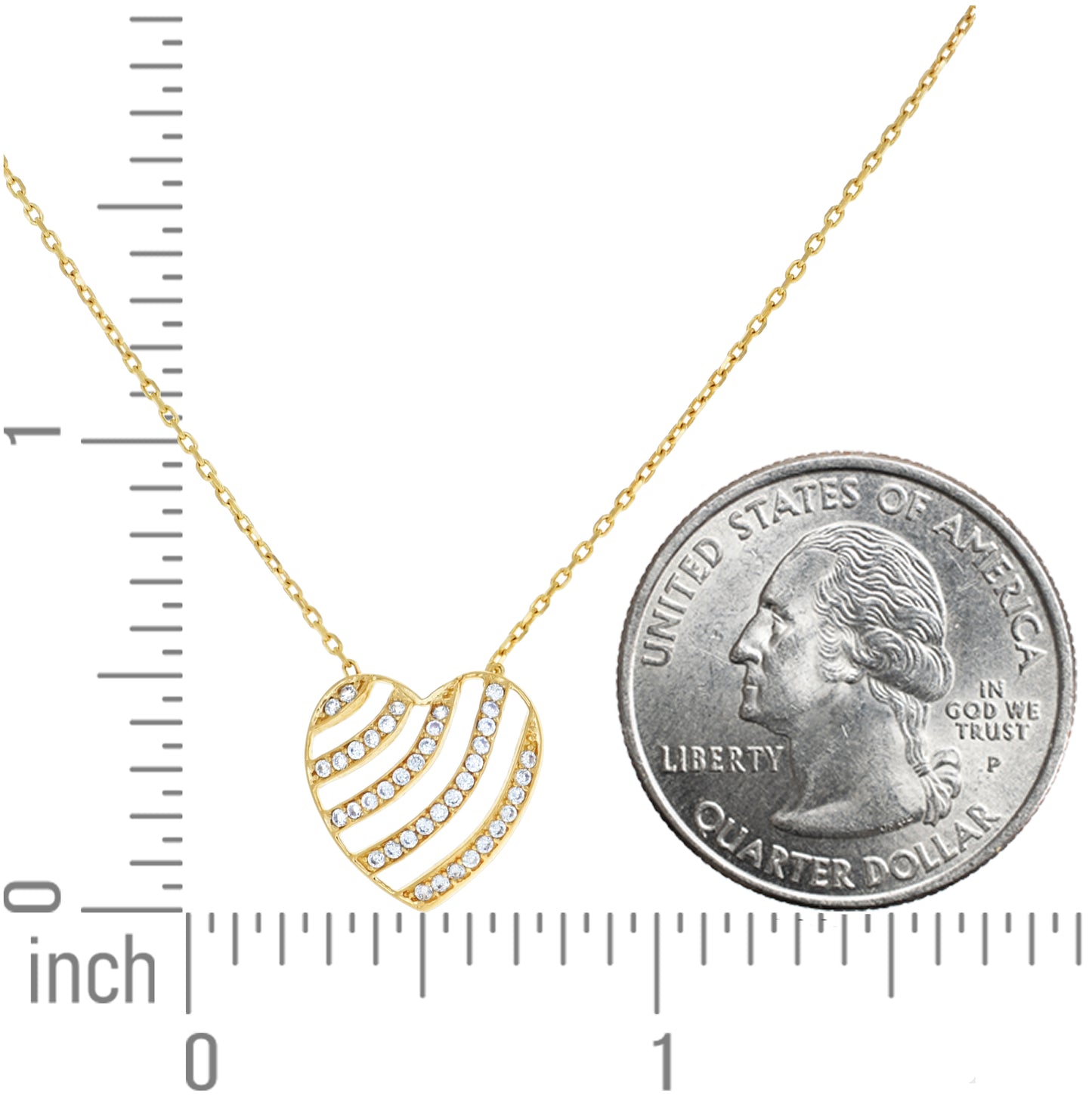 14K Yellow Gold Womens Cubic-Zirconia Striped Heart Love Charm Necklace 18 Inches