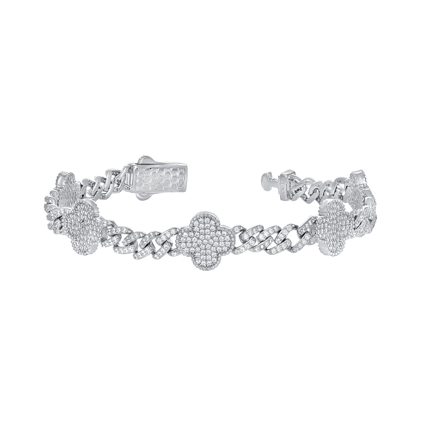 Sterling Silver Womens Cubic-Zirconia Clover Good Luck Bracelet