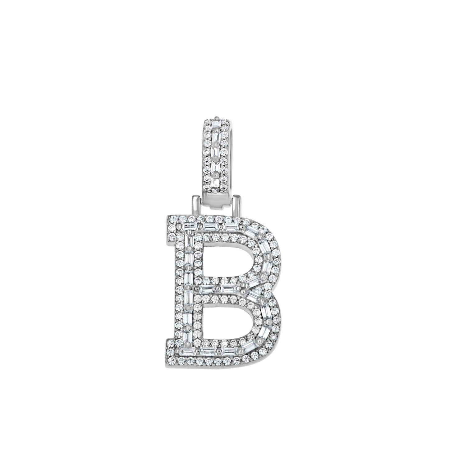 Sterling Silver Unisex Round Baguette Cubic Zirconia Initial Letter A Charm Pendant