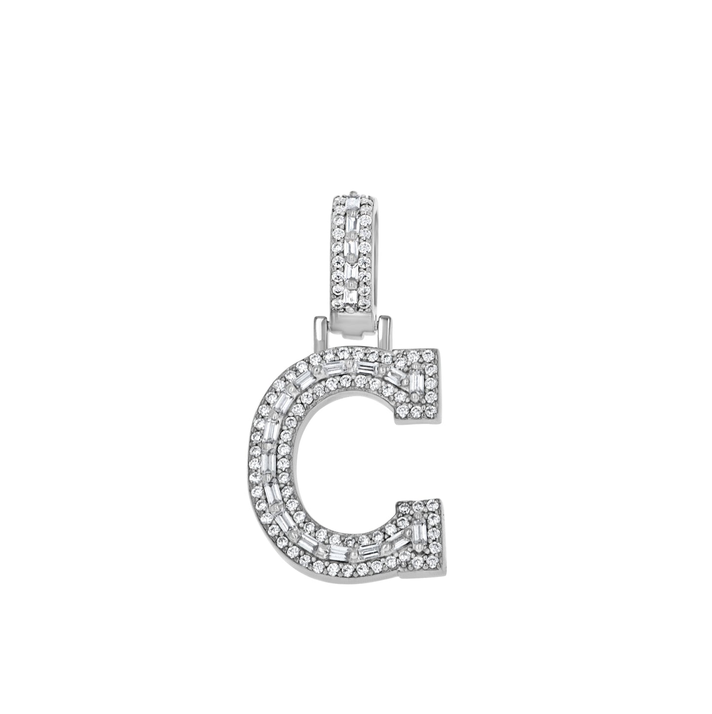 Sterling Silver Unisex Round Baguette Cubic Zirconia Initial Letter A Charm Pendant