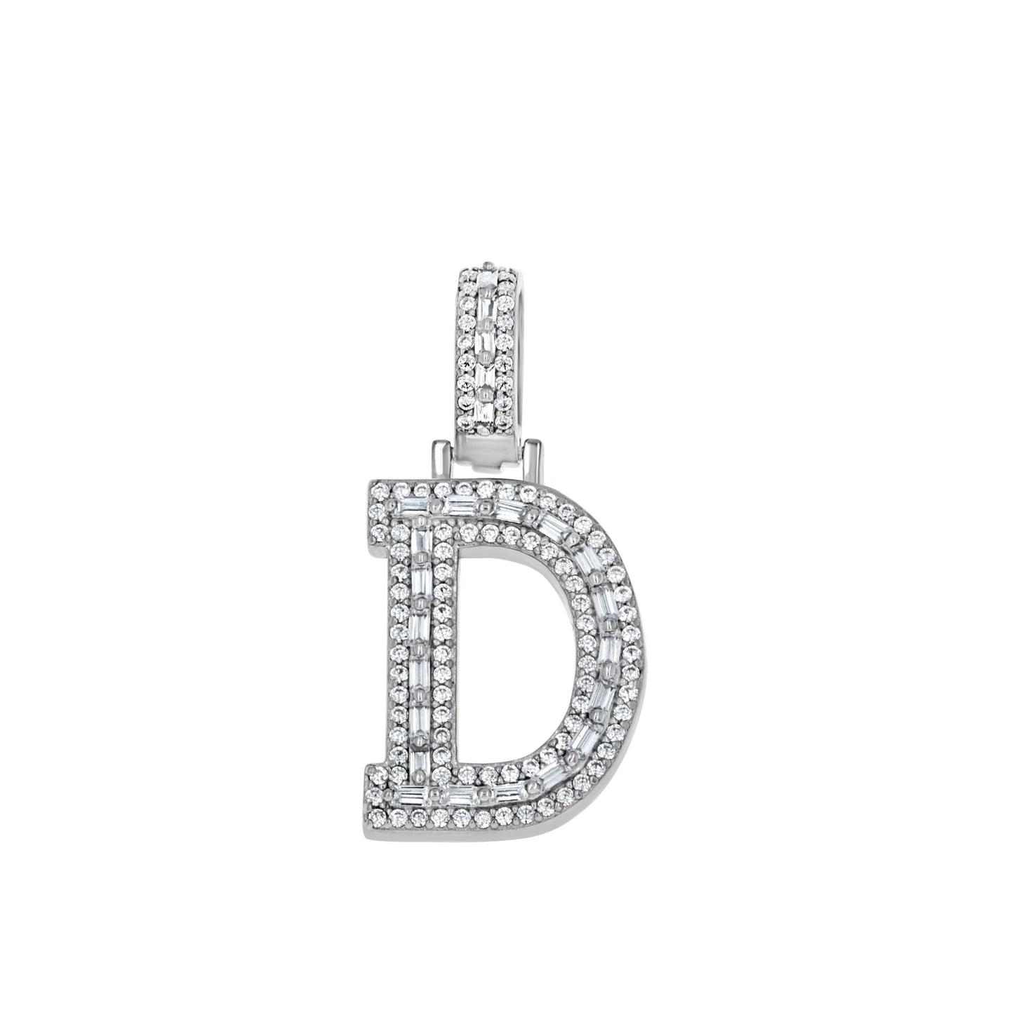 Sterling Silver Unisex Round Baguette Cubic Zirconia Initial Letter A Charm Pendant