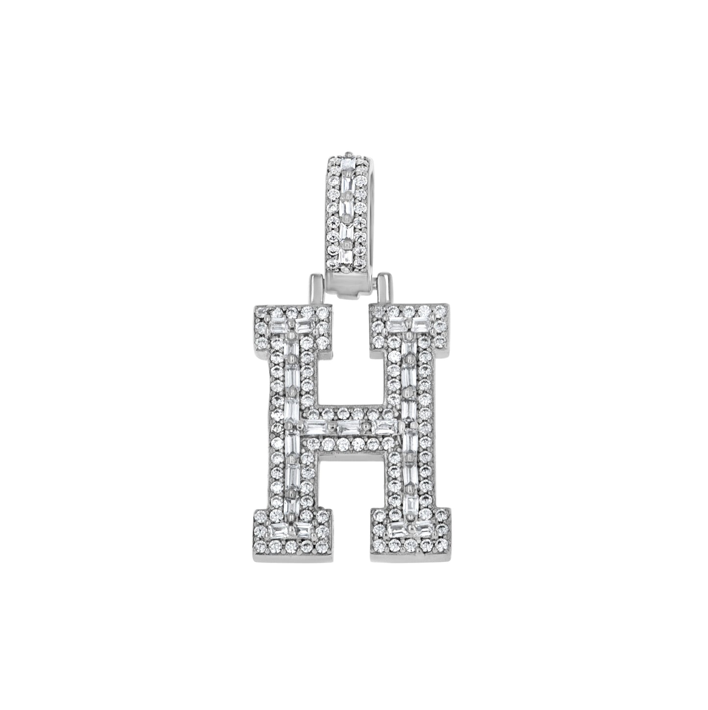 Sterling Silver Unisex Round Baguette Cubic Zirconia Initial Letter A Charm Pendant
