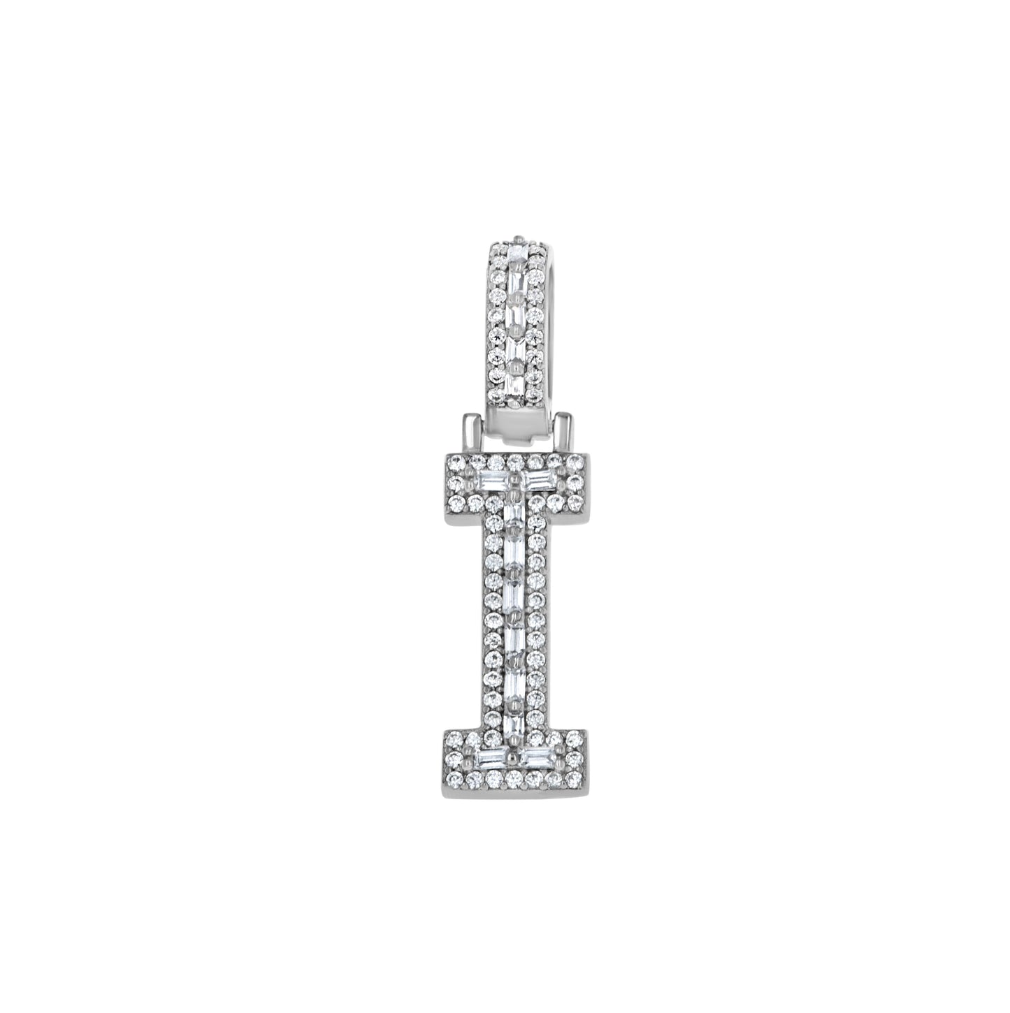 Sterling Silver Unisex Round Baguette Cubic Zirconia Initial Letter A Charm Pendant