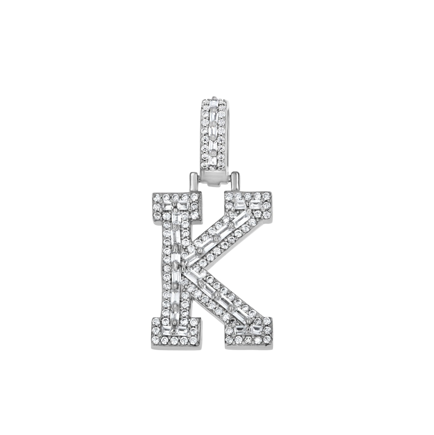 Sterling Silver Unisex Round Baguette Cubic Zirconia Initial Letter A Charm Pendant