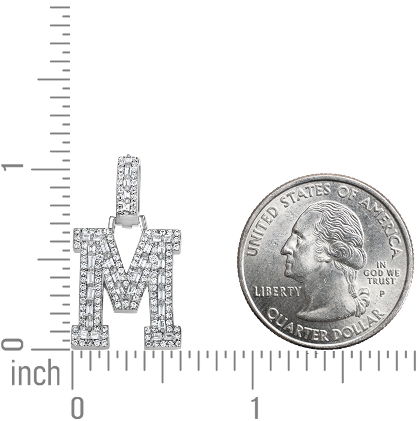 Sterling Silver Unisex Round Baguette Cubic Zirconia Initial Letter A Charm Pendant