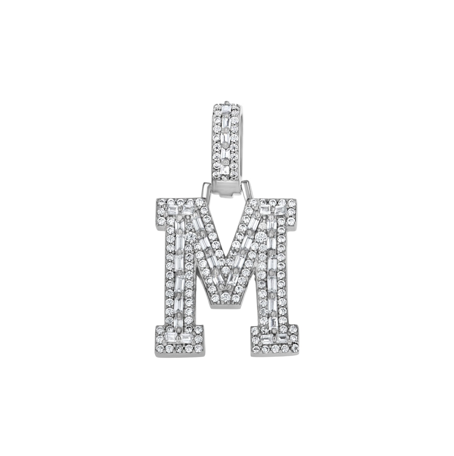 Sterling Silver Unisex Round Baguette Cubic Zirconia Initial Letter A Charm Pendant