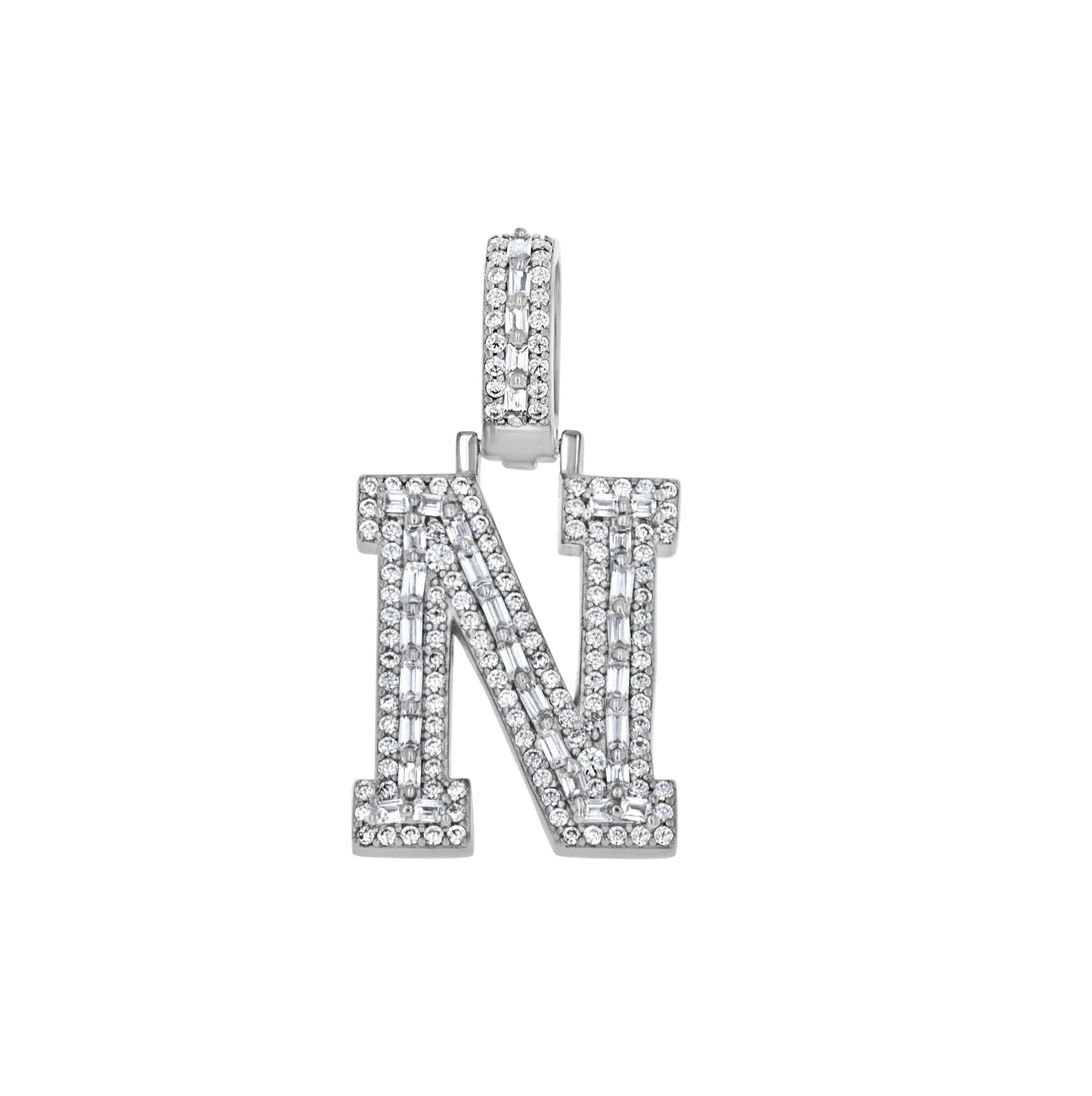 Sterling Silver Unisex Round Baguette Cubic Zirconia Initial Letter A Charm Pendant