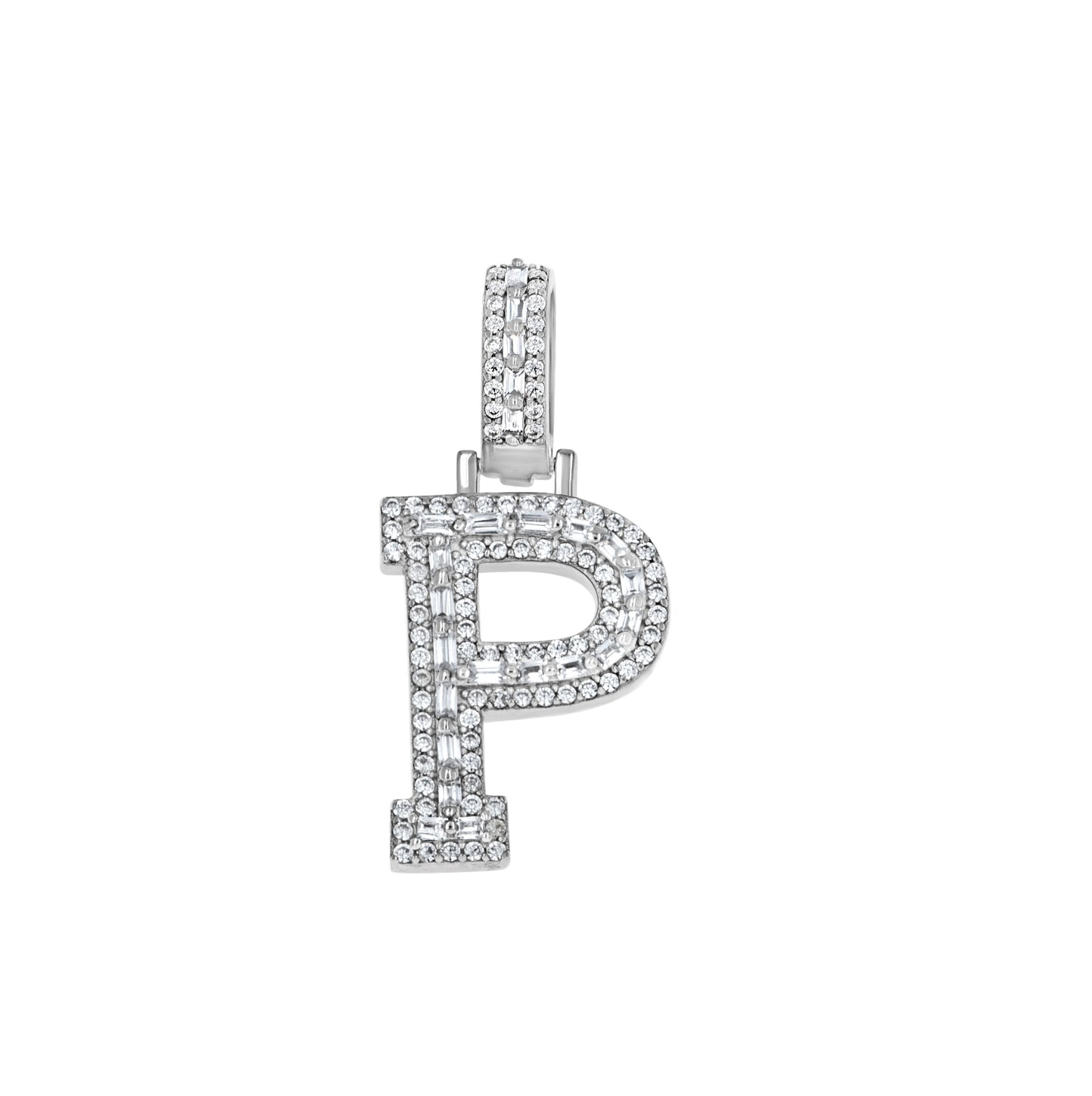 Sterling Silver Unisex Round Baguette Cubic Zirconia Initial Letter A Charm Pendant