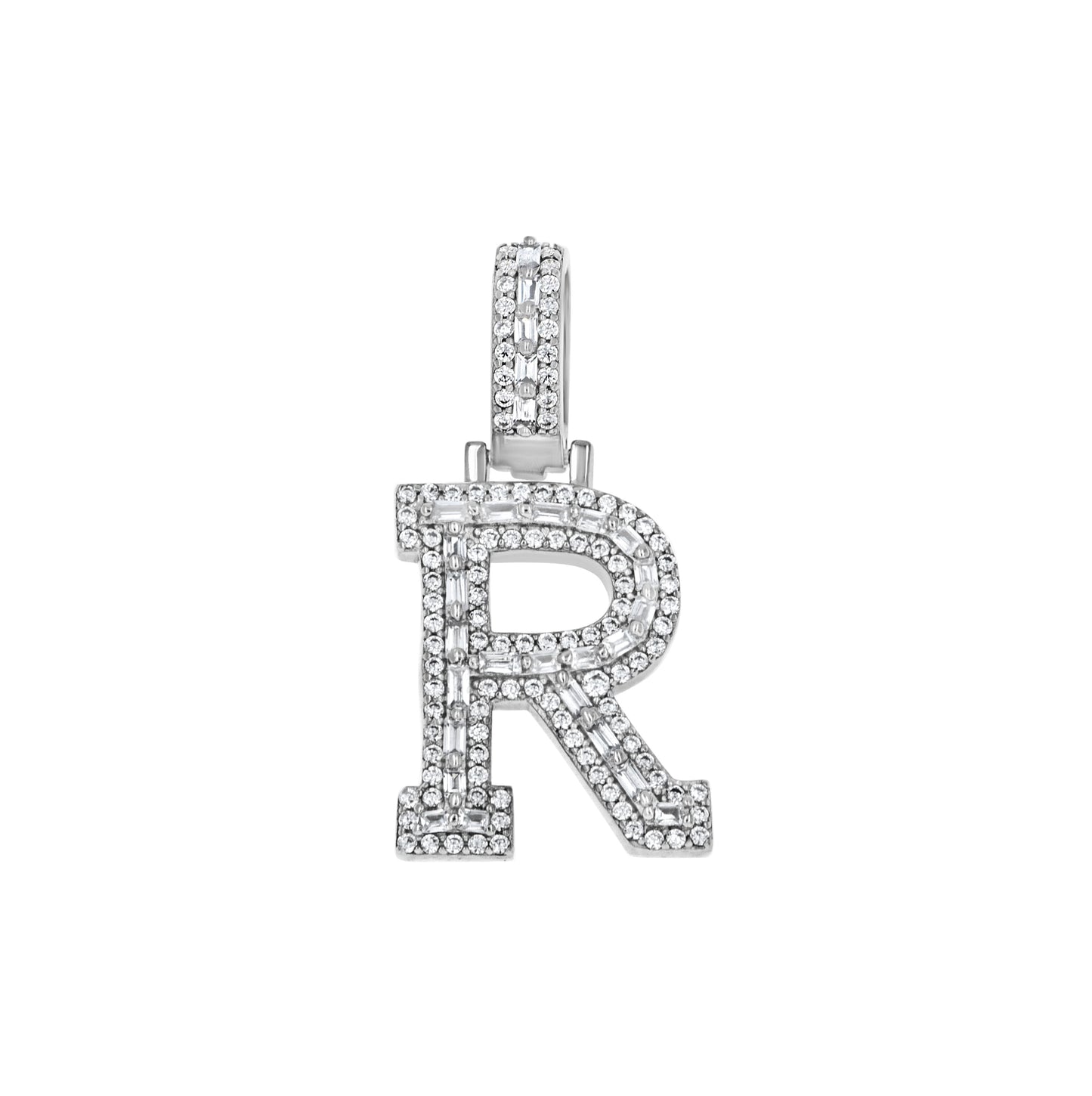 Sterling Silver Unisex Round Baguette Cubic Zirconia Initial Letter A Charm Pendant