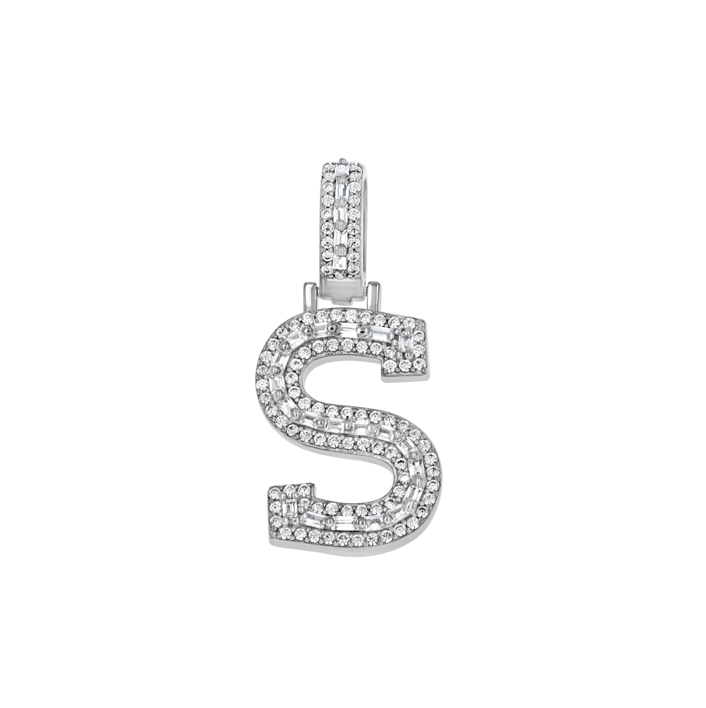 Sterling Silver Unisex Round Baguette Cubic Zirconia Initial Letter A Charm Pendant