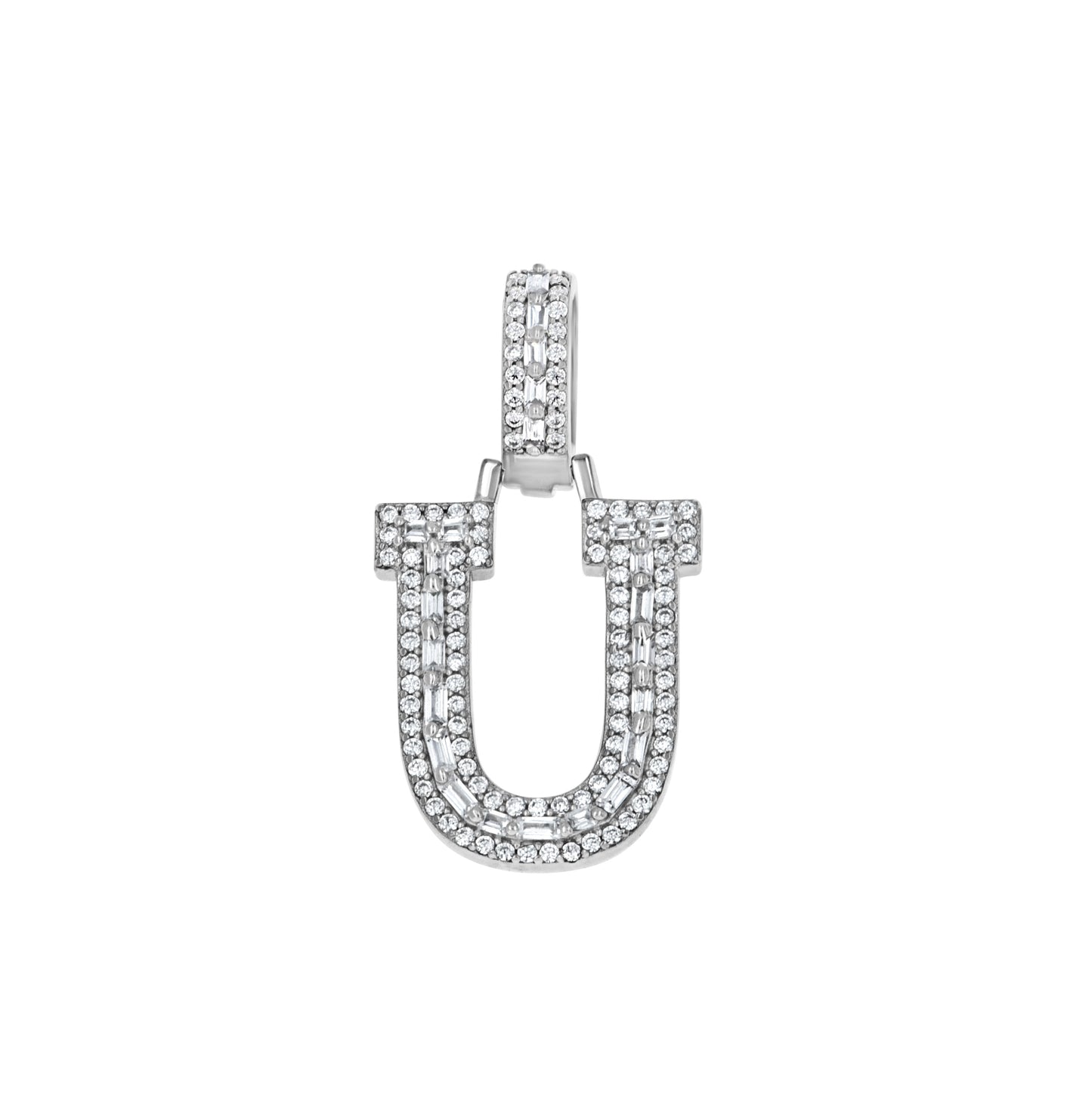Sterling Silver Unisex Round Baguette Cubic Zirconia Initial Letter A Charm Pendant