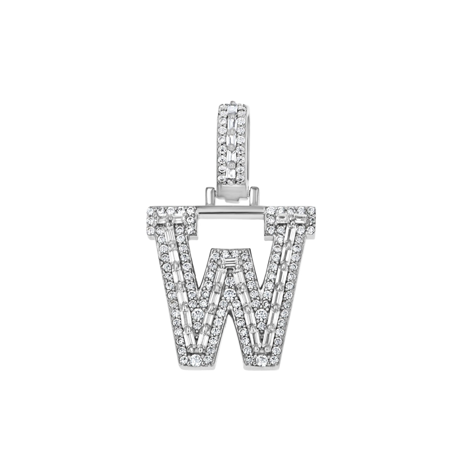 Sterling Silver Unisex Round Baguette Cubic Zirconia Initial Letter A Charm Pendant