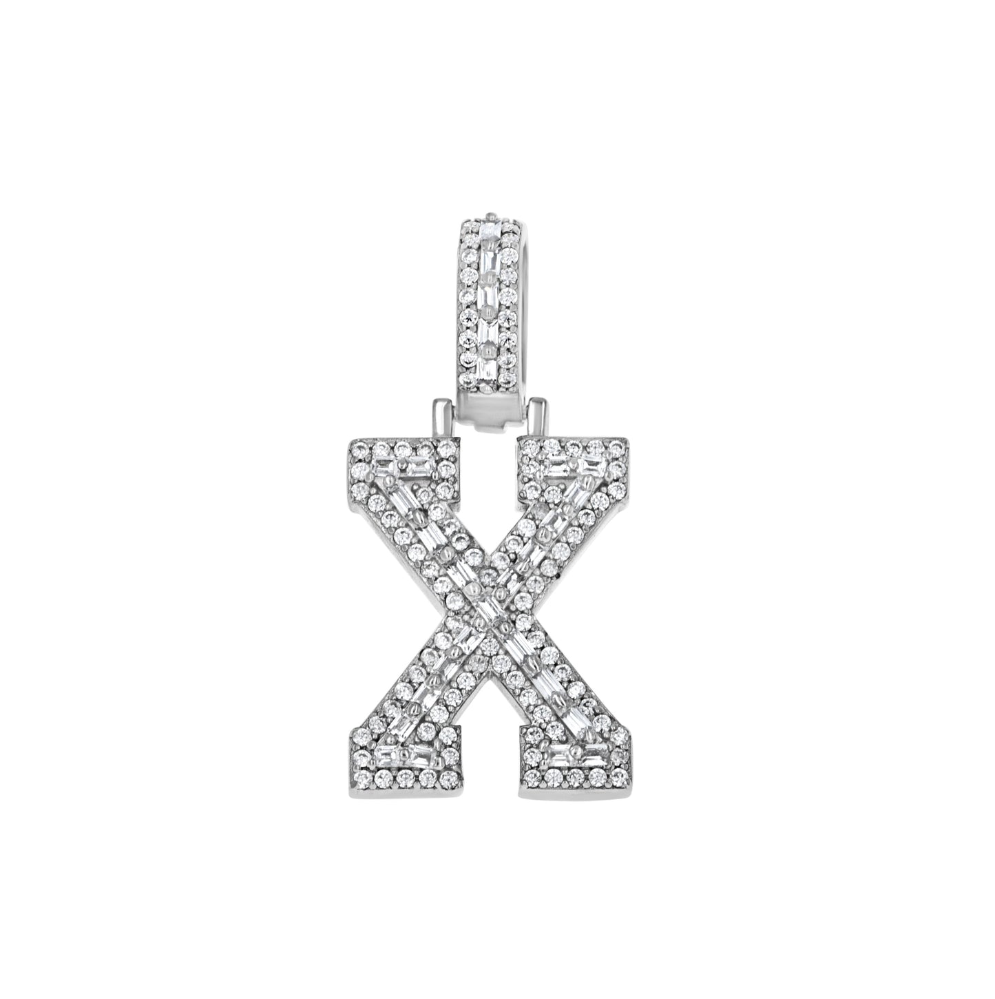 Sterling Silver Unisex Round Baguette Cubic Zirconia Initial Letter A Charm Pendant