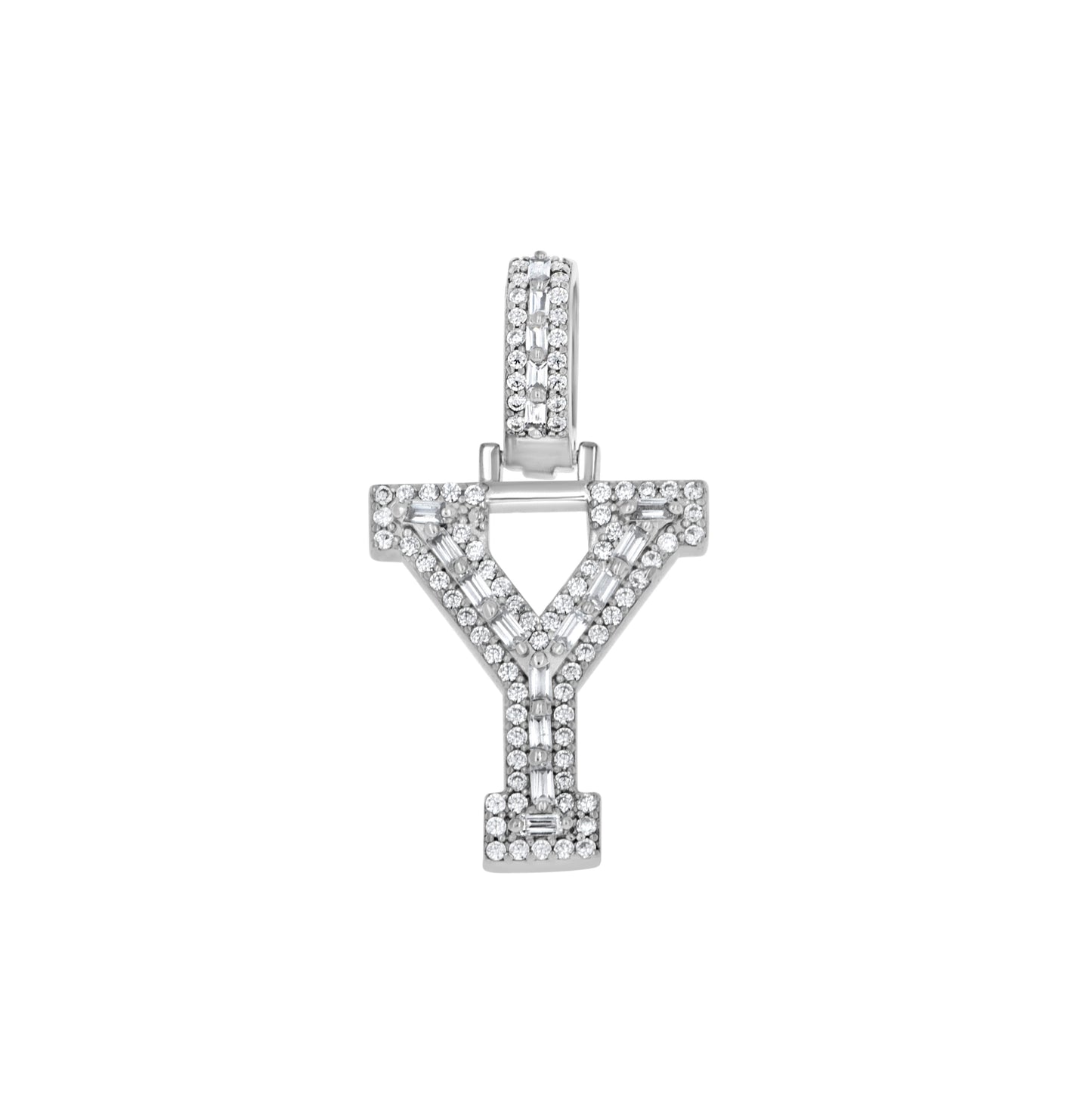Sterling Silver Unisex Round Baguette Cubic Zirconia Initial Letter A Charm Pendant