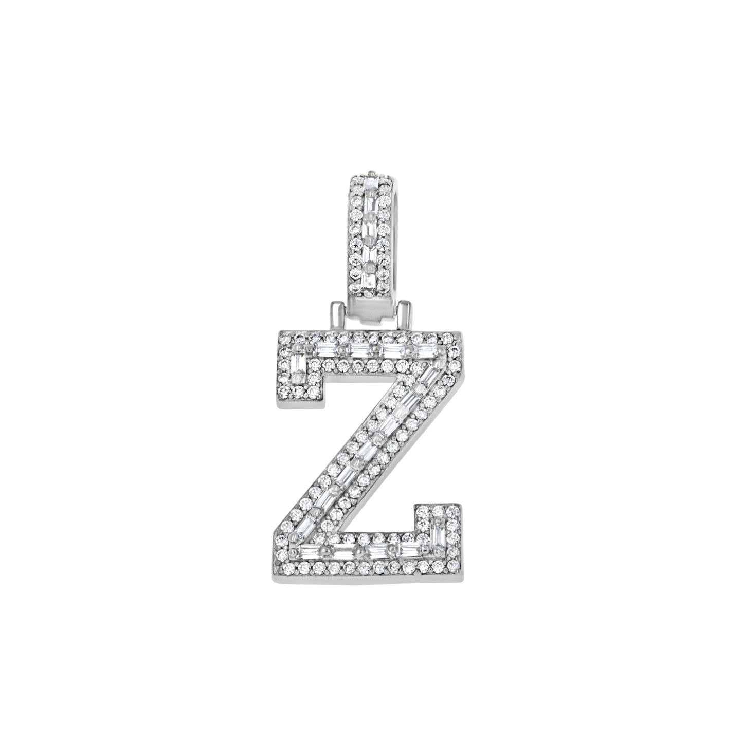 Sterling Silver Unisex Round Baguette Cubic Zirconia Initial Letter A Charm Pendant
