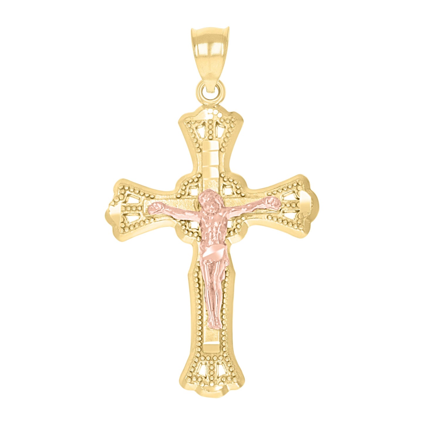 10K Two-Tone Gold Mens Textured Crucifix Cross Religious Charm Pendant
