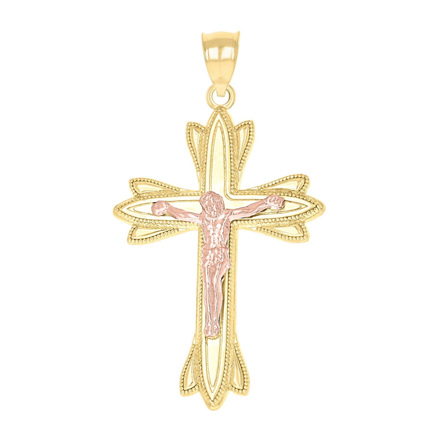 10K Two-Tone Gold Mens Textured Crucifix Cross Religious Charm Pendant