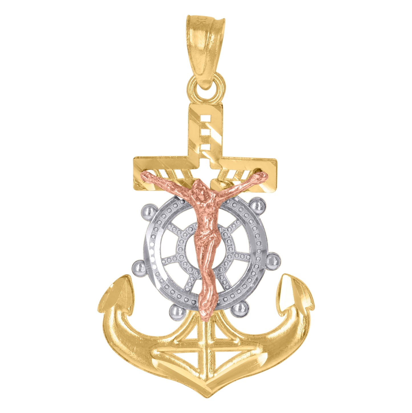 10K Gold Tri-Color Unisex Anchor Cross Crucifix Religious Charm Pendant