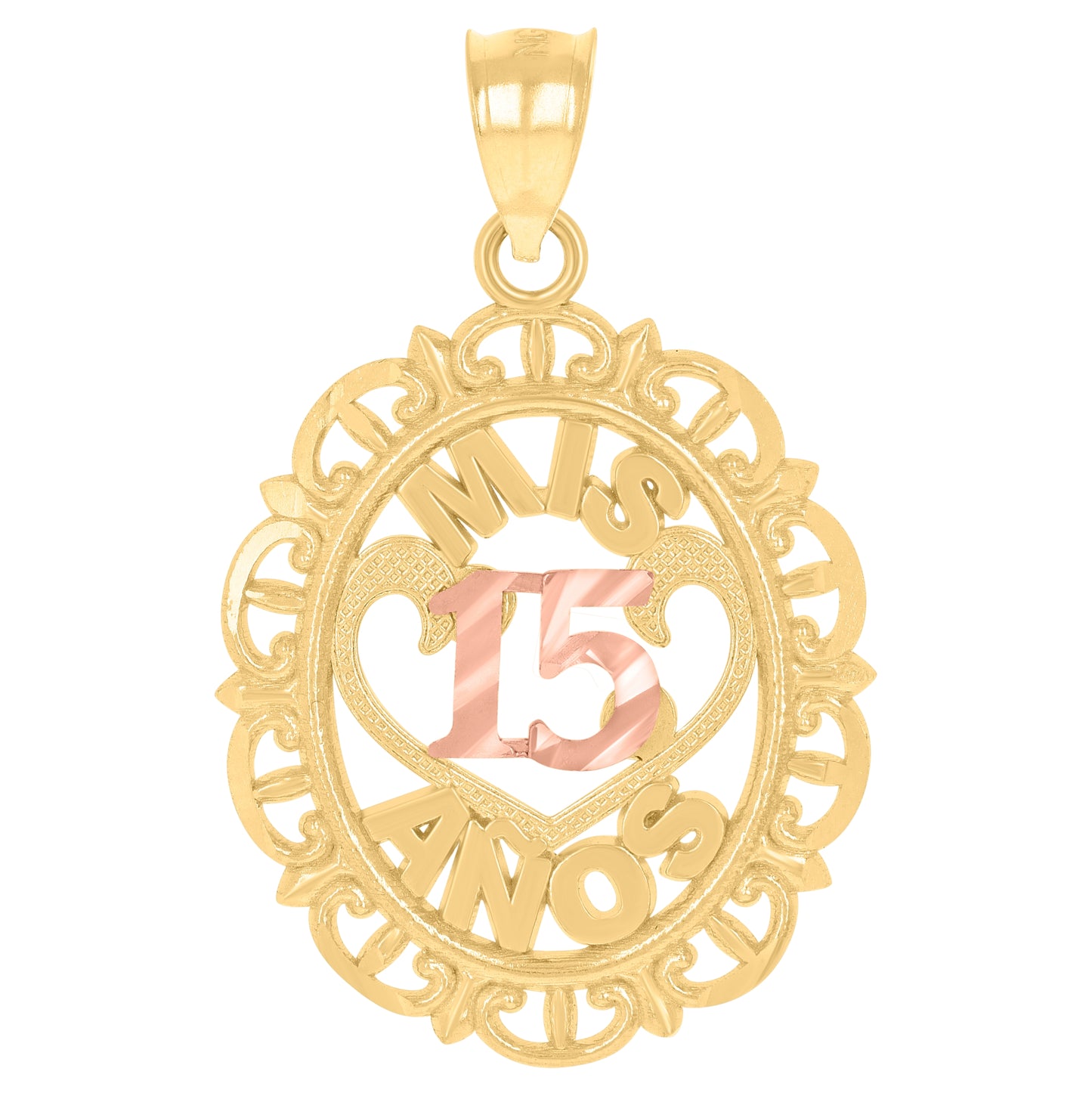 10K Gold Tri-Color Diamond-Cut Unisex Mis 15 Anos Heart Oval Quinceanera Charm Pendant