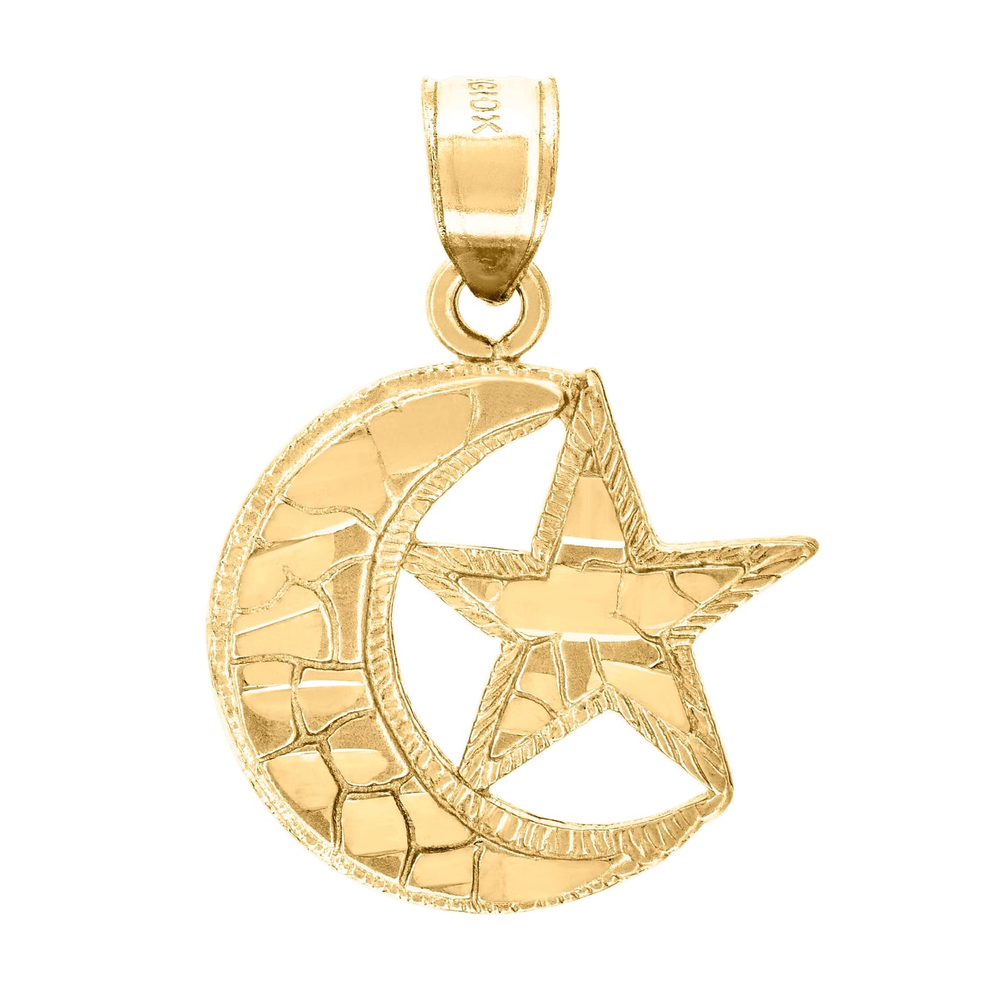 10K Yellow Gold Nugget Unisex Star Moon Religious Charm Pendant