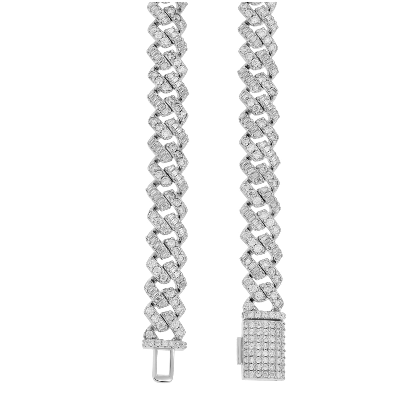 Sterling Silver Unisex Baguette Round Moissanite Cuban Chain Bracelet 8mm
