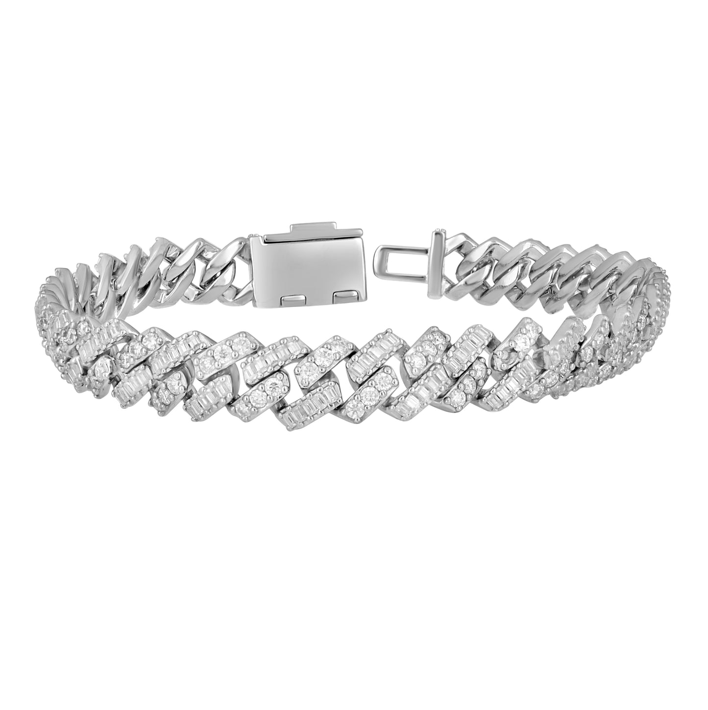 Sterling Silver Unisex Baguette Round Moissanite Cuban Chain Bracelet 8mm