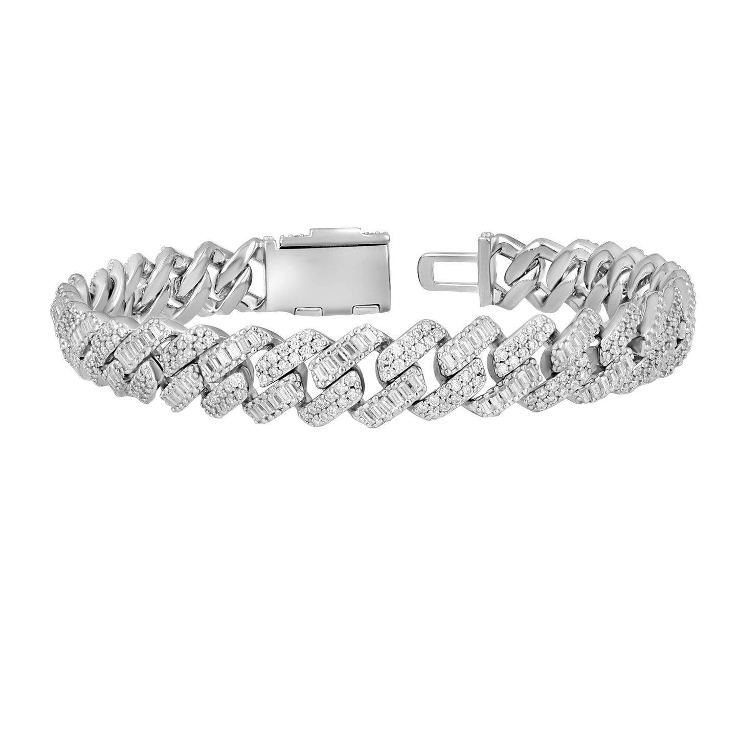 Sterling Silver Unisex Baguette Round Moissanite Cuban Chain Bracelet 10mm