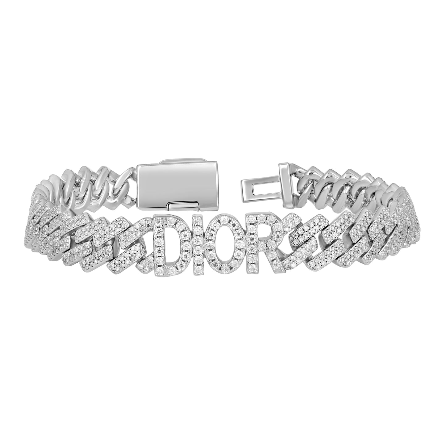 Sterling Silver Mens Moissanite DIOR Cuban Chain Bracelet 10mm