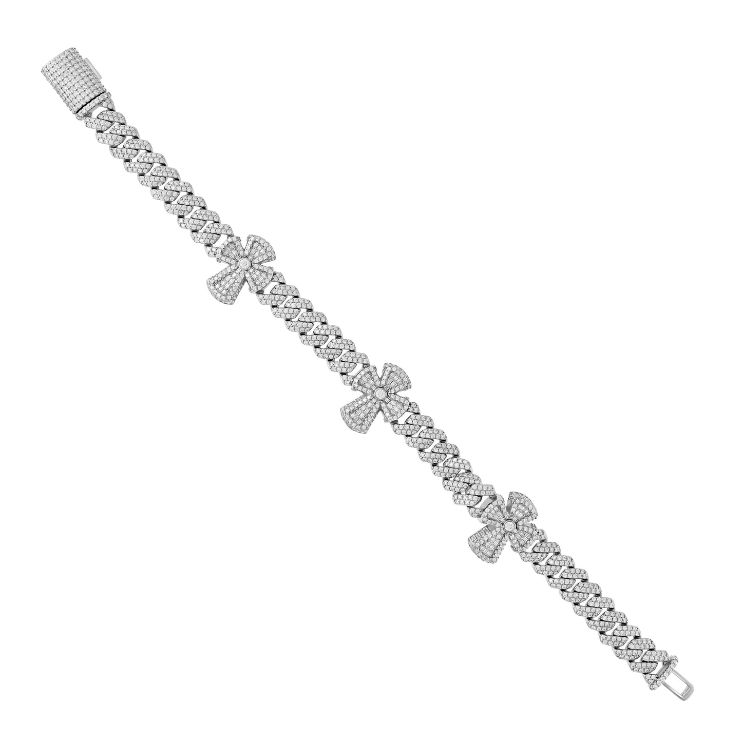 Sterling Silver Mens Baguette Round Moissanite Cross Religious Charm Cuban Bracelet