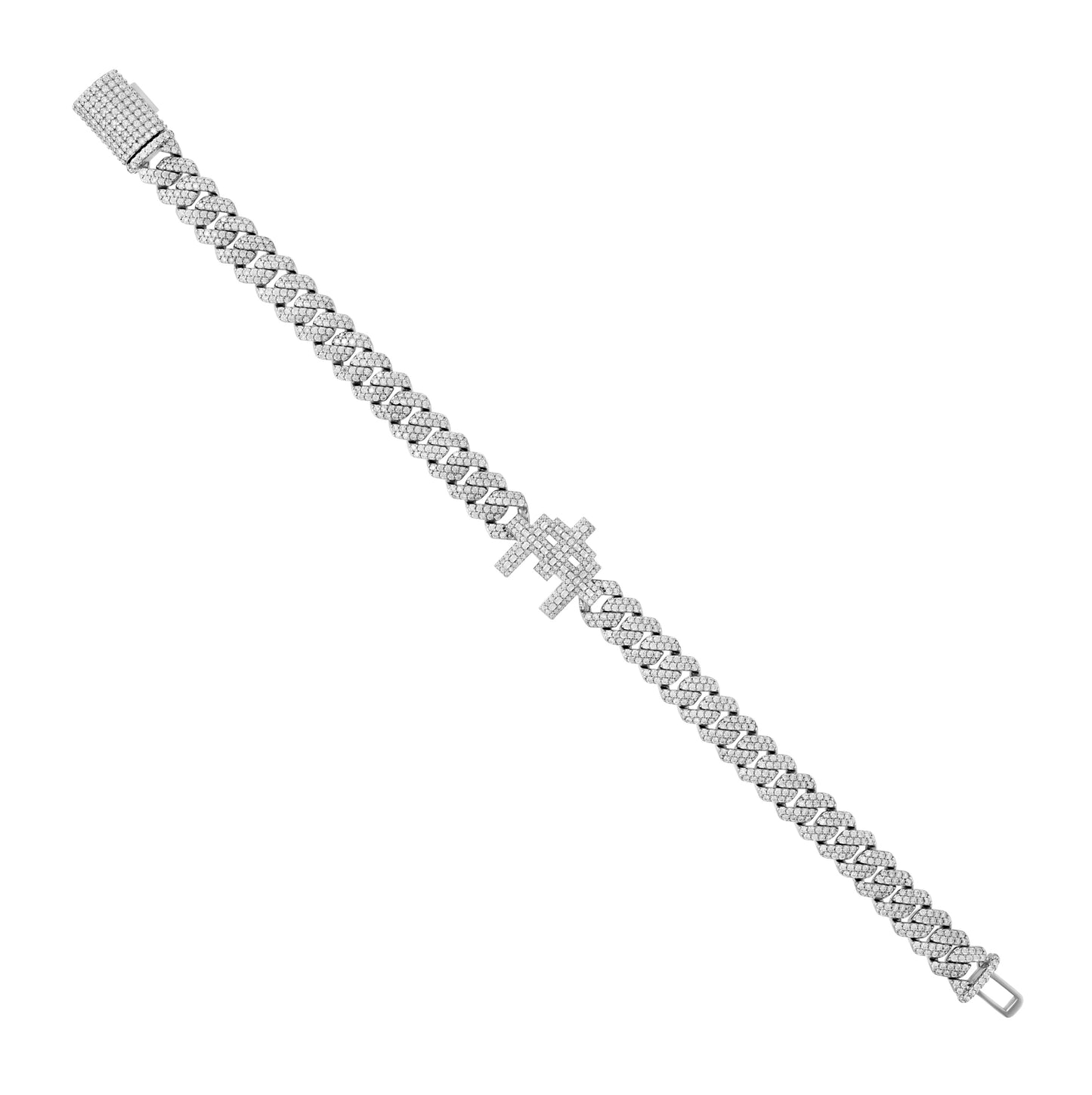 Sterling Silver Unisex Baguette Round Moissanite Triple Cross Religious Charm Cuban Bracelet