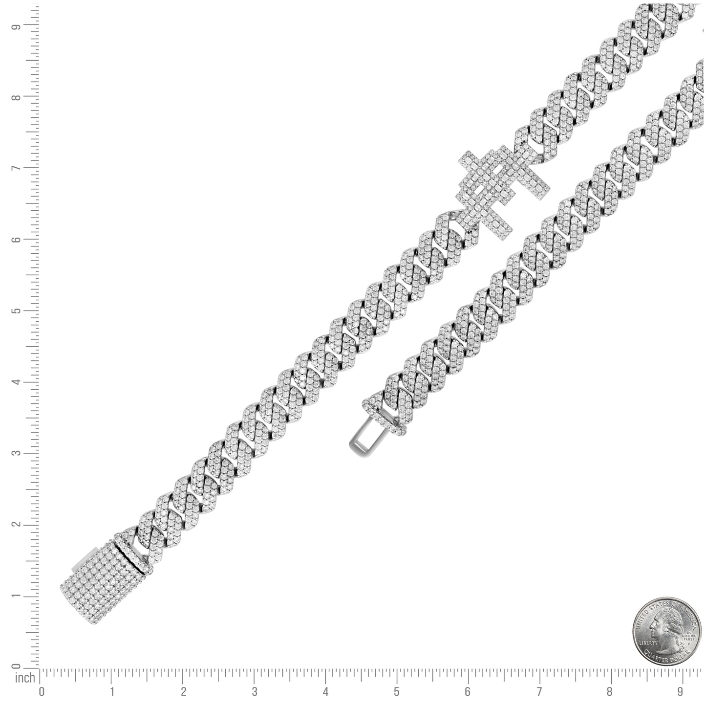 Sterling Silver Unisex Baguette Round Moissanite Triple Cross Religious Charm Cuban Bracelet