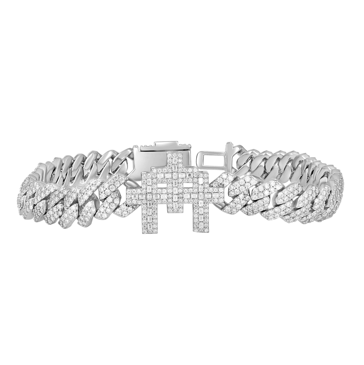 Sterling Silver Unisex Baguette Round Moissanite Triple Cross Religious Charm Cuban Bracelet