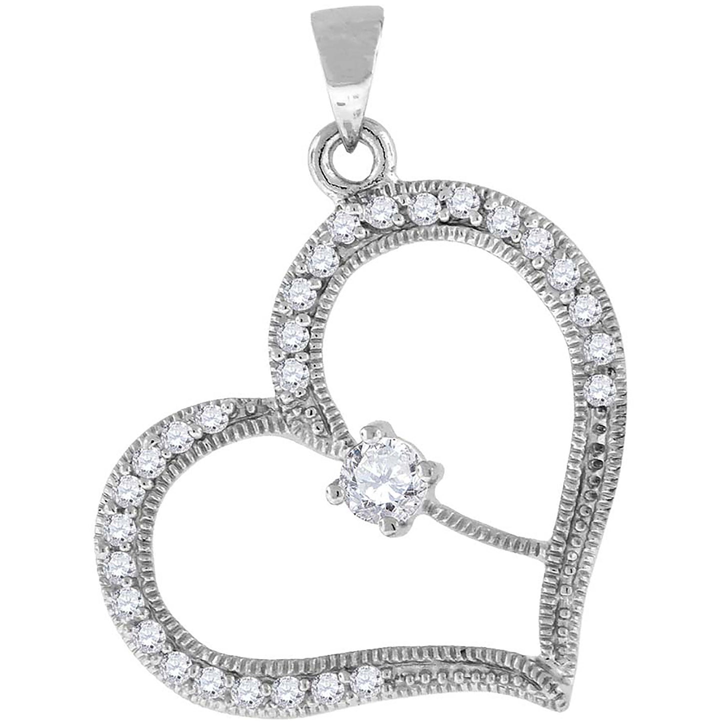 Sterling Silver Womens Cubic-Zirconia Heart Charm Pendant