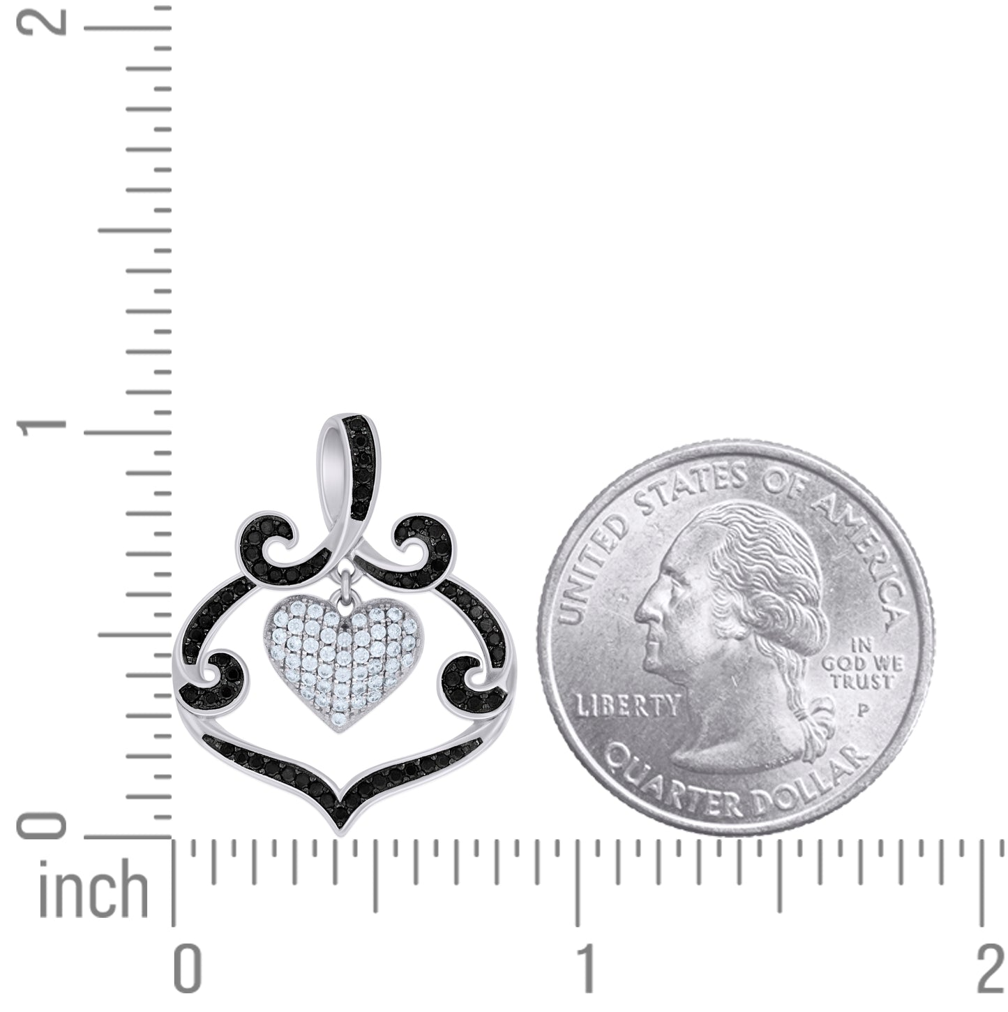 Sterling Silver Black-tone Womens Black White Cubic-Zirconia Heart Charm Pendant