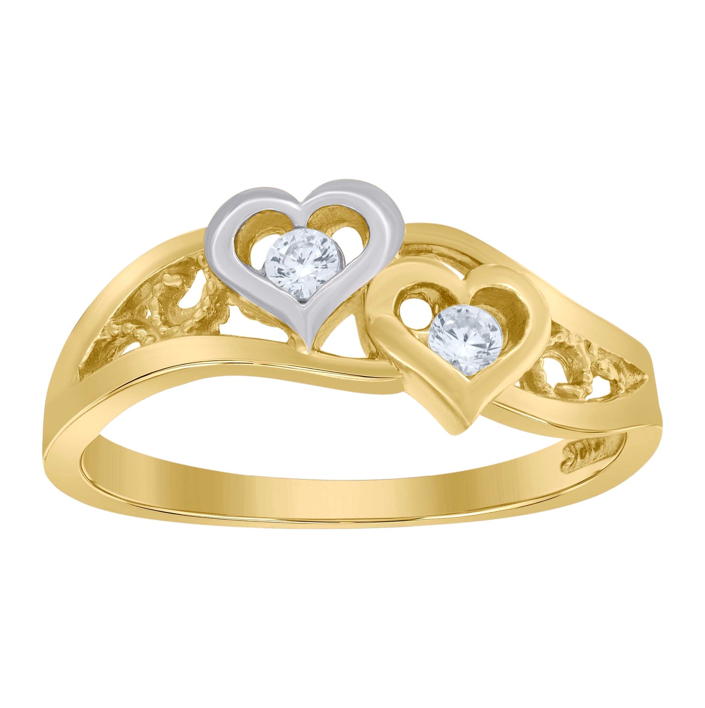 10K Two-Tone Gold Womens Cubic Zirconia Double Heart Ring