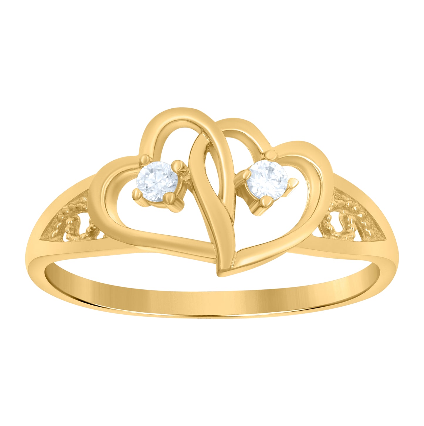 10K Yellow Gold Womens Cubic Zirconia Double Heart Engagement Ring