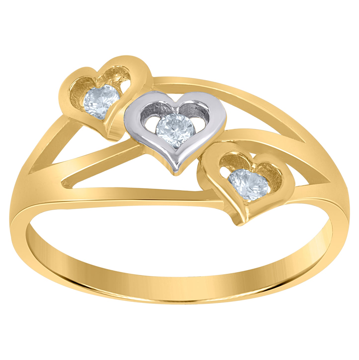 10K Two-Tone Gold Cubic-Zirconia Womens Triple Hearts Engagement Ring
