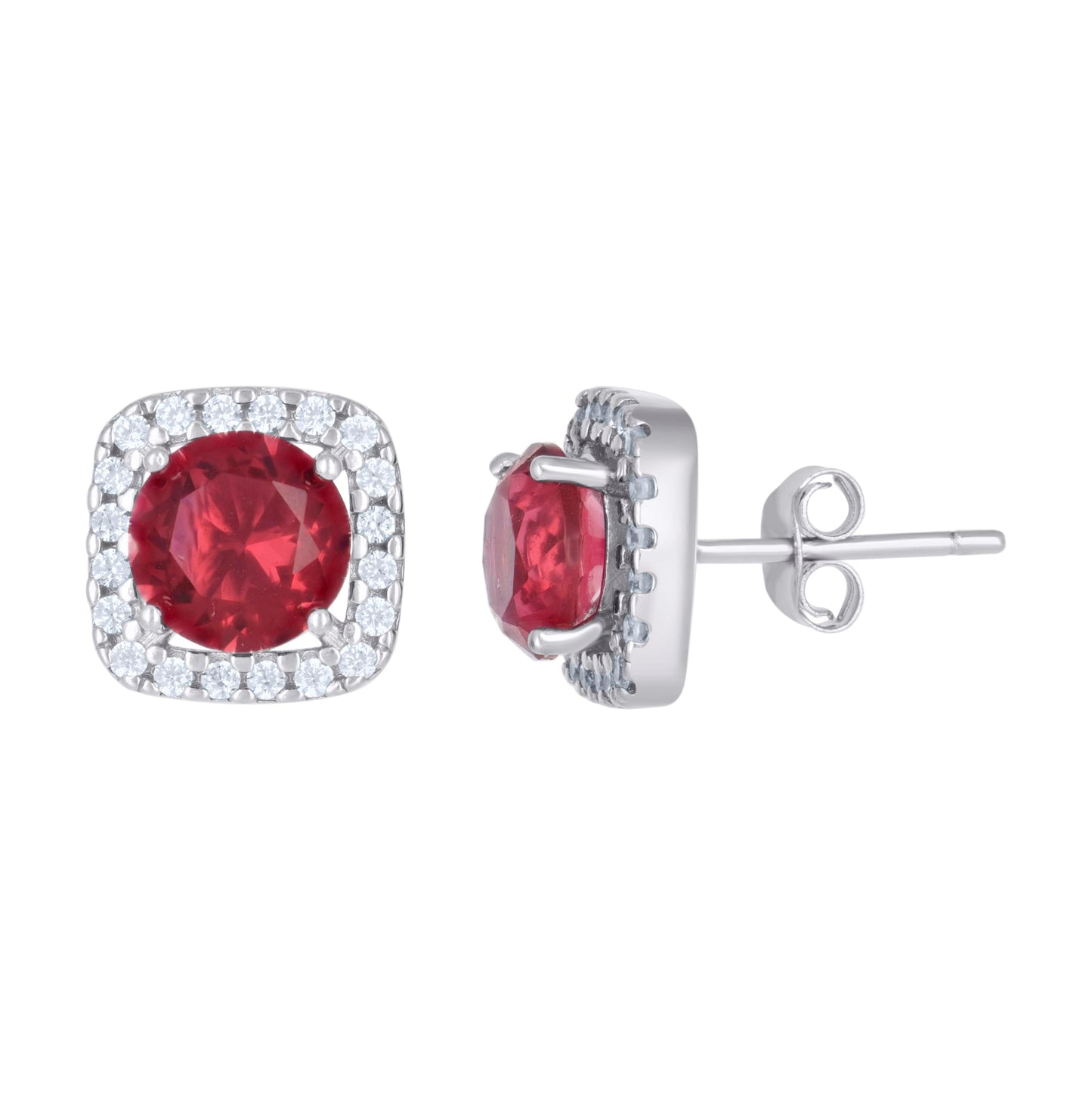 Sterling Silver Womens Red Cubic Zirconia Square Stud Earrings
