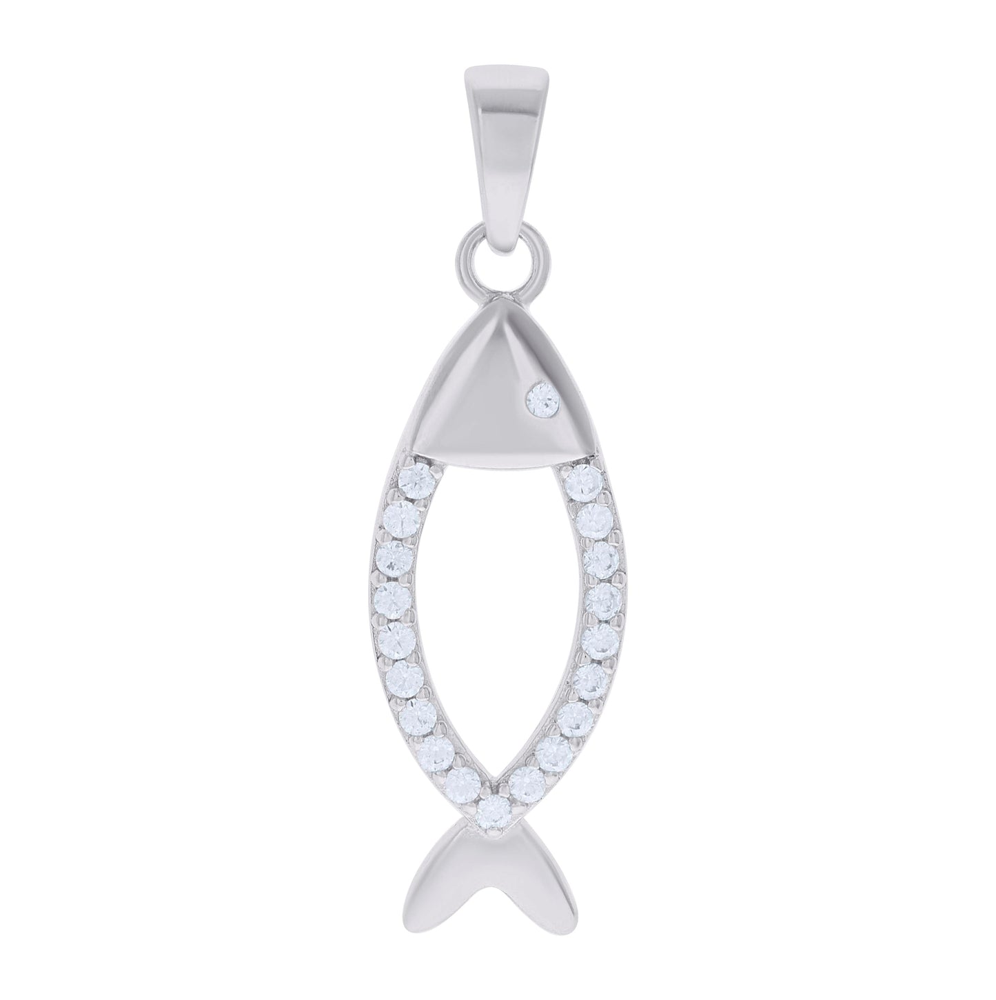 Sterling Silver Unisex Cubic Zirconia Fish Charm Pendant