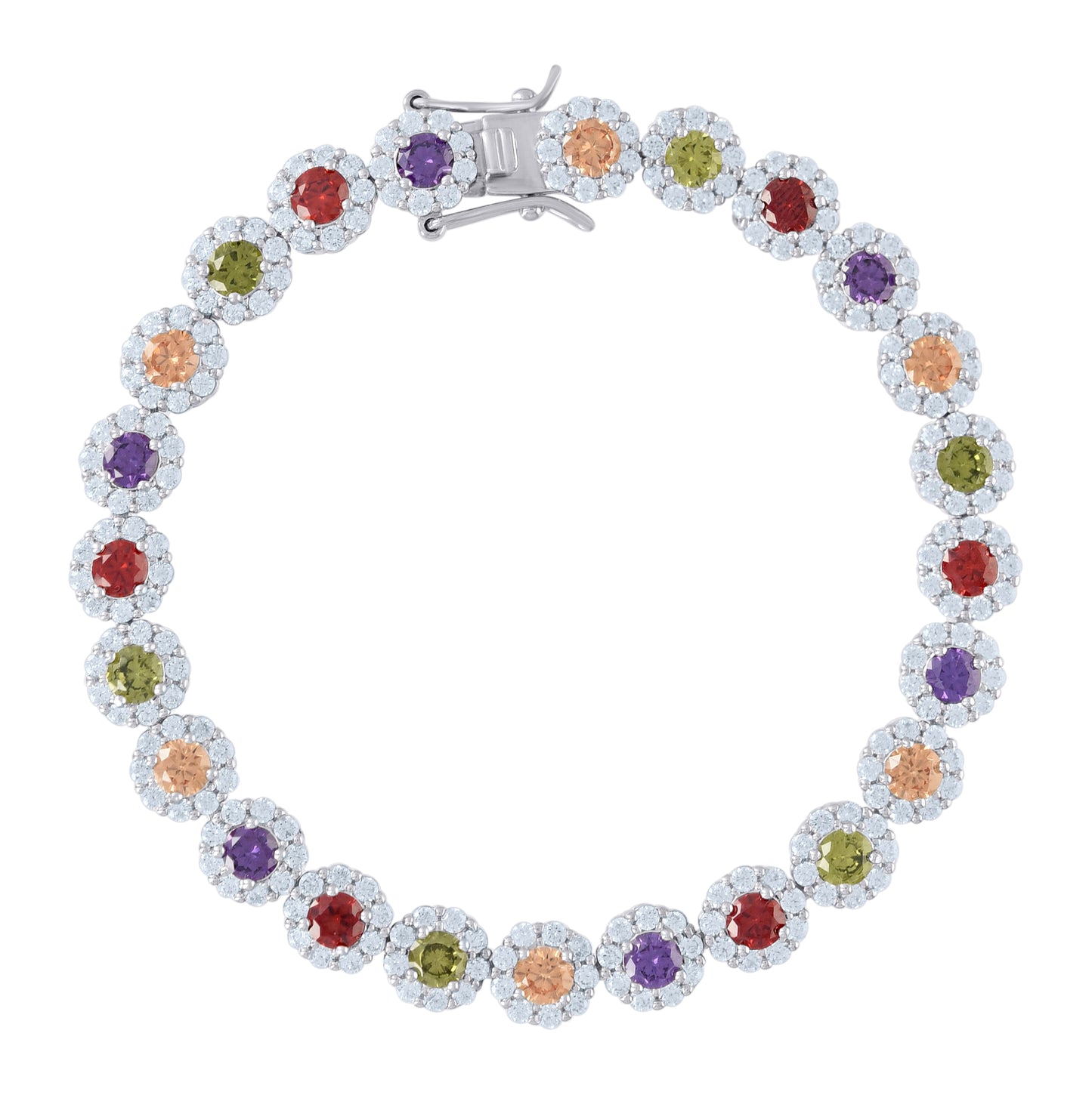 Sterling Silver Womens Cubic Zirconia Fancy Tennis Flower Bracelet Size 8 Inches