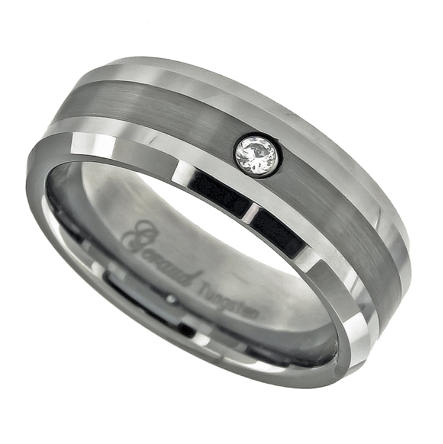 Tungsten Cubic Zirconia Center Brushed Sides Polished Mens Comfort-fit 8mm Sizes 7 - 14 Bridal Anniversary Engagement Wedding Band