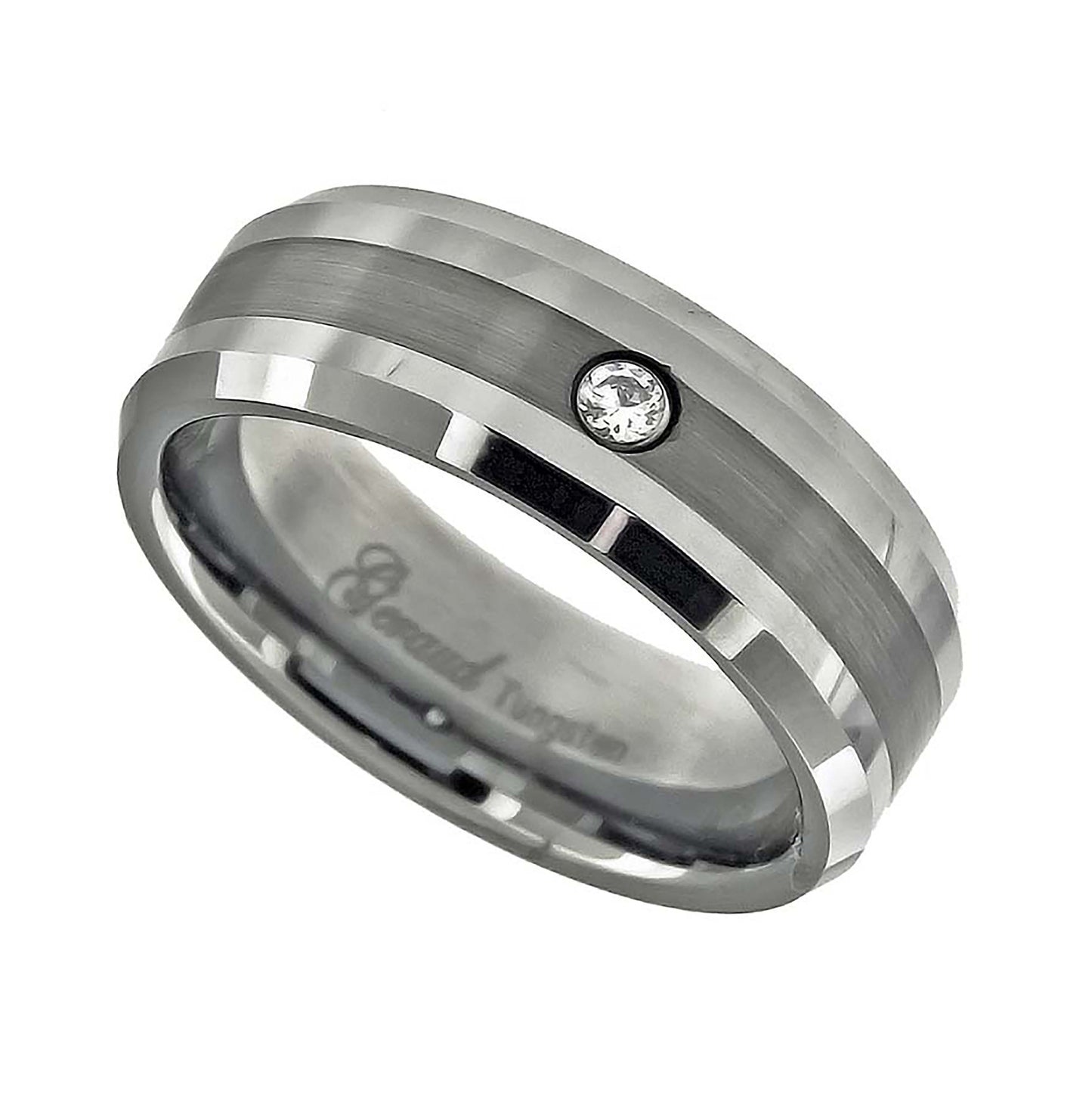 Tungsten Cubic Zirconia Center Brushed Sides Polished Mens Comfort-fit 8mm Sizes 7 - 14 Bridal Anniversary Engagement Wedding Band