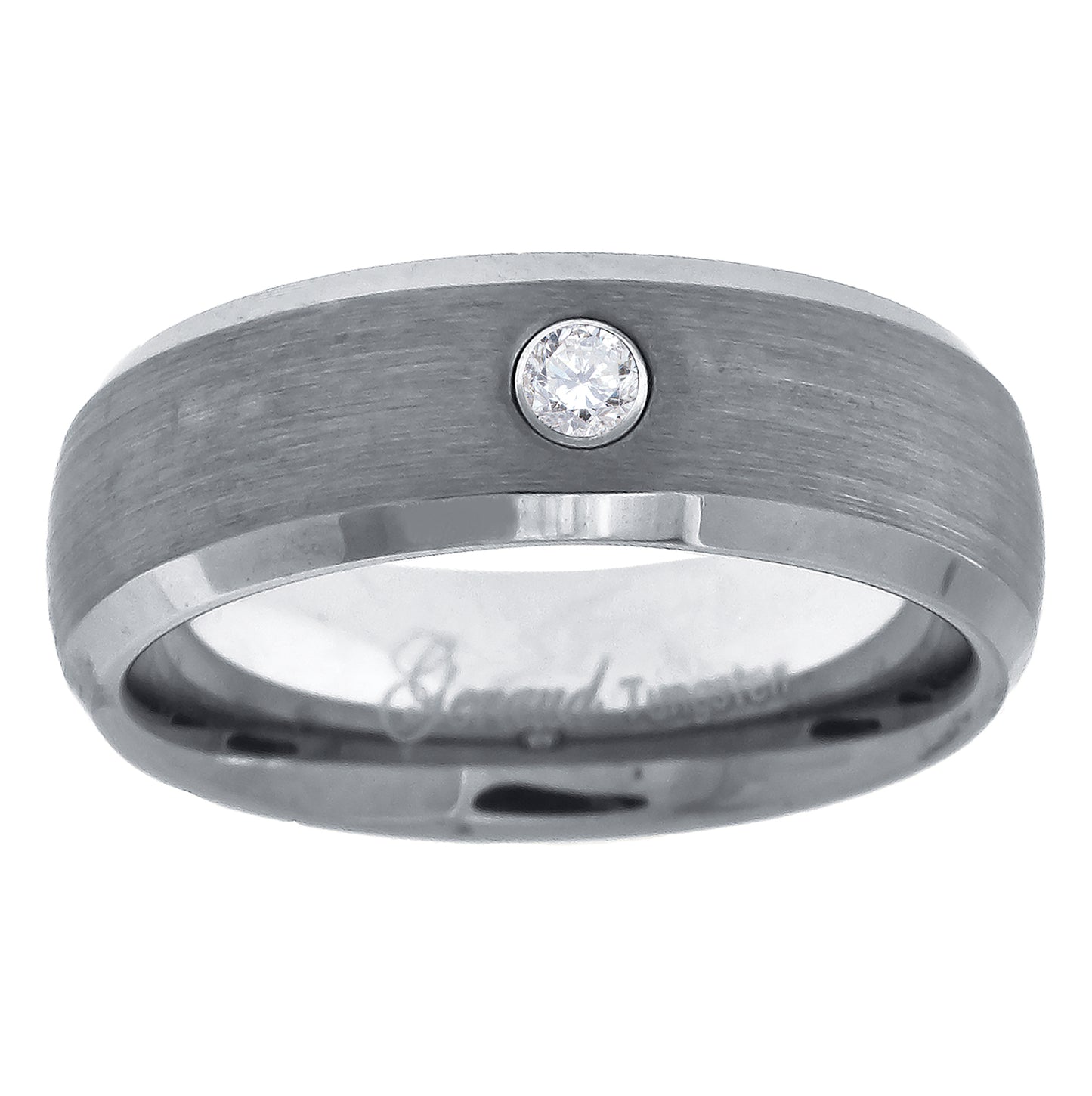 Tungsten Mens Cubic Zirconia Center Brushed Beveled Edges Comfort-fit 8mm Sizes 7 - 14 Bridal Anniversary Engagement Wedding Band