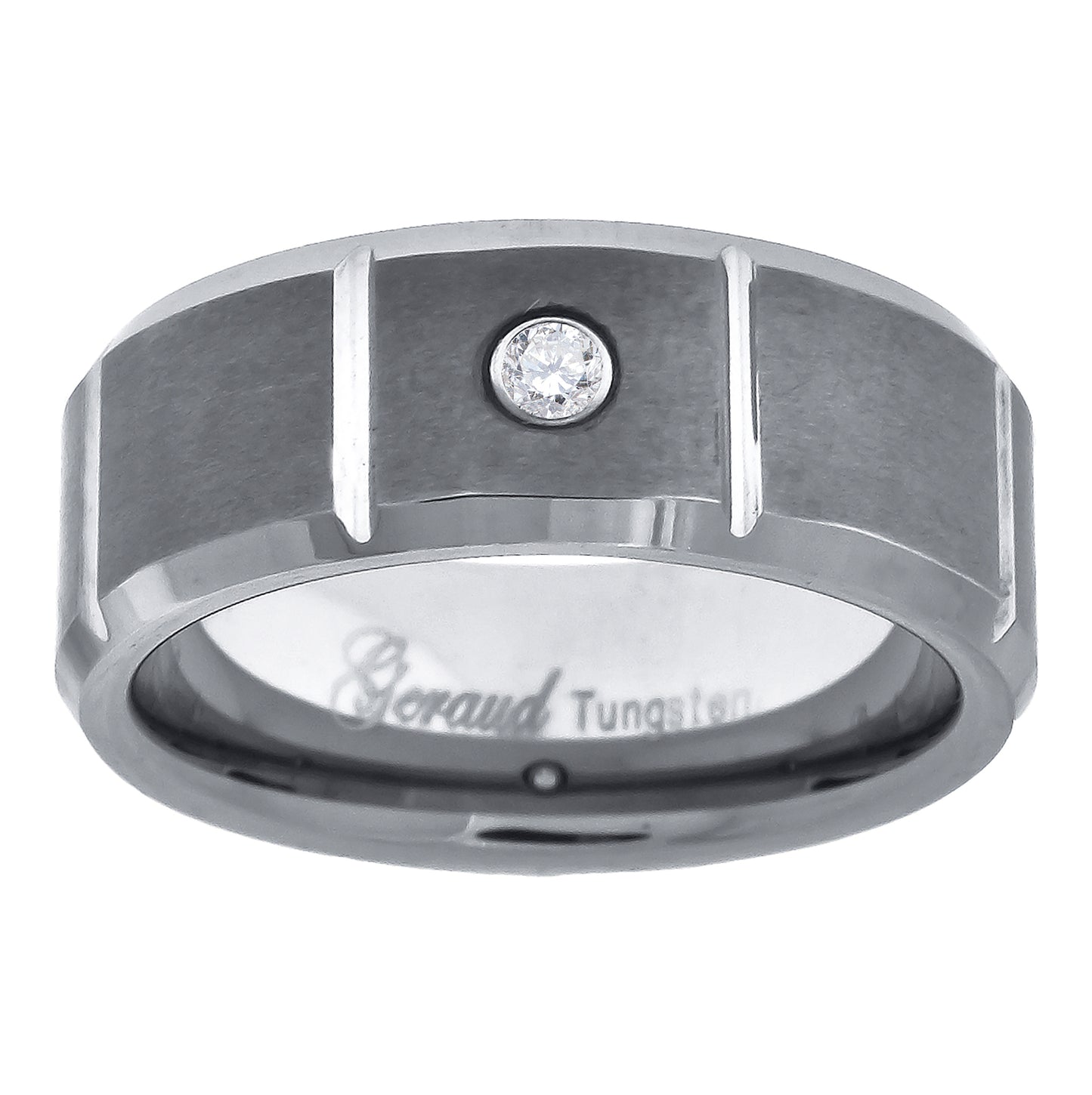Tungsten Center Brushed Grooved Cubic Zirconia Mens Comfort-fit 8mm Size-7-14 Bridal Anniversary Engagement Wedding Band