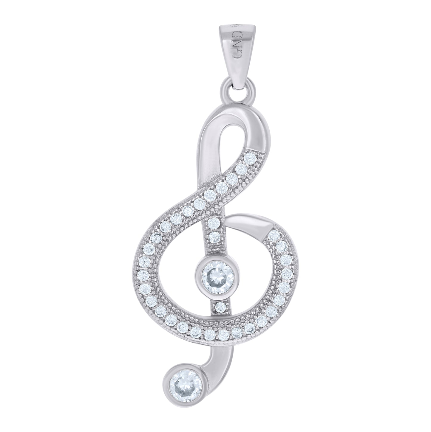 Sterling Silver Unisex Cubic Zirconia Note Treble Clef Charm Pendant