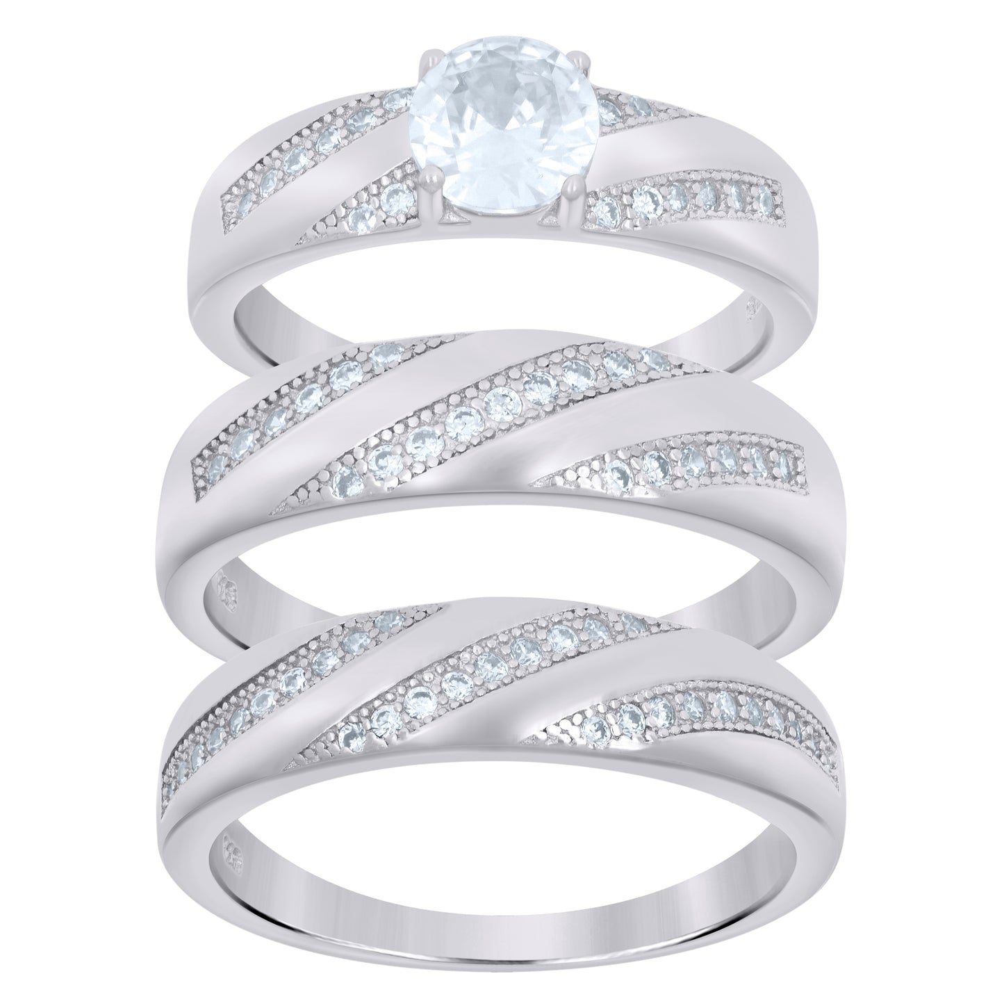 Sterling Silver Cubic Zirconia Trio Bridal Anniversary Wedding Engagement Band Ring Set