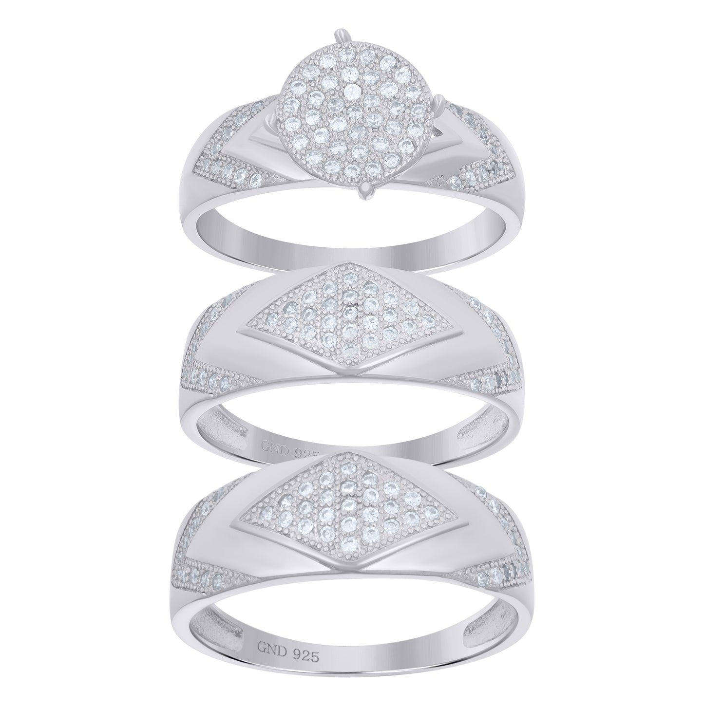 Sterling Silver Cubic Zirconia Trio Sizes 6 To 11 Cluster Matching Bridal Anniversary Engagement Wedding Ring Band